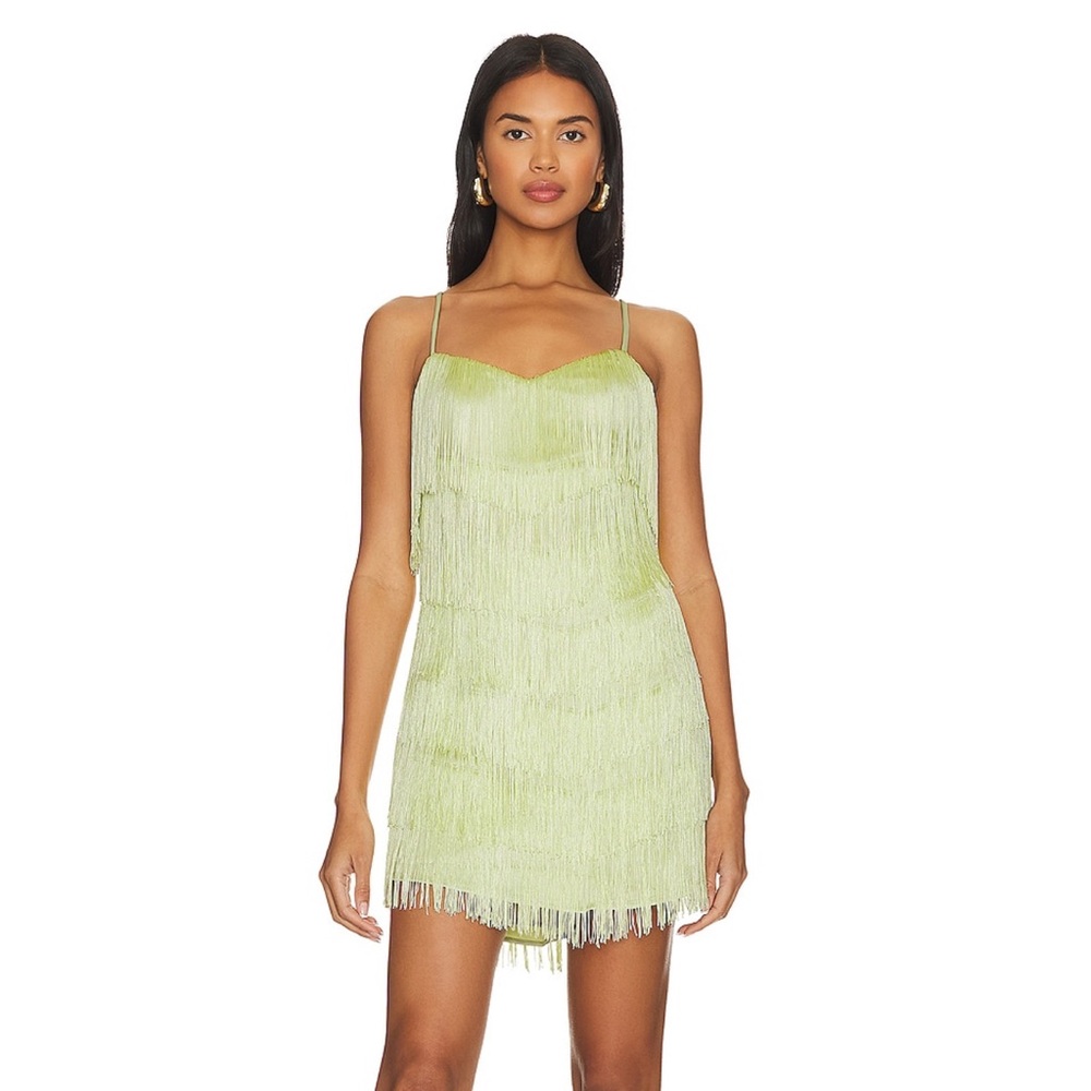 X Revolve Marquesa Fringe Mini Dress In Honey Dew